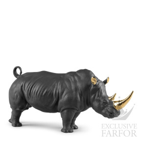 01009595 Lladro Animal Kingdom "Boldblack" (Лимитированная серия на 500 пред.) Статуэтка "Носорог (черный / золотой)" 22 х 45см